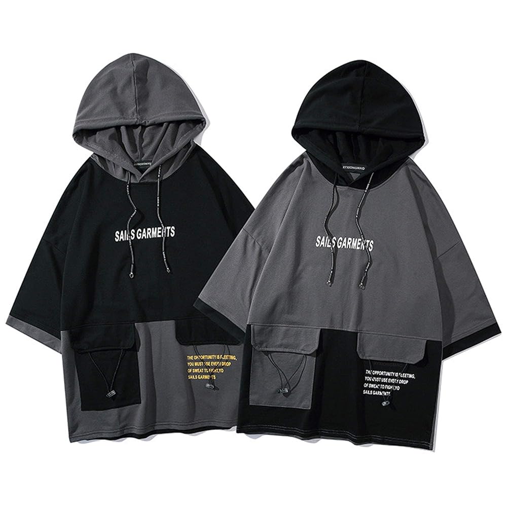 XYXIONGMAO Hooded T-Shirt Loose Large Pockets Colorblock